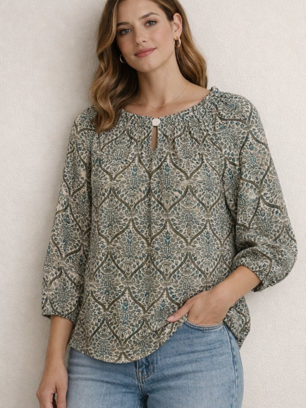 Women's Printed Peasant Blouse - Green & White